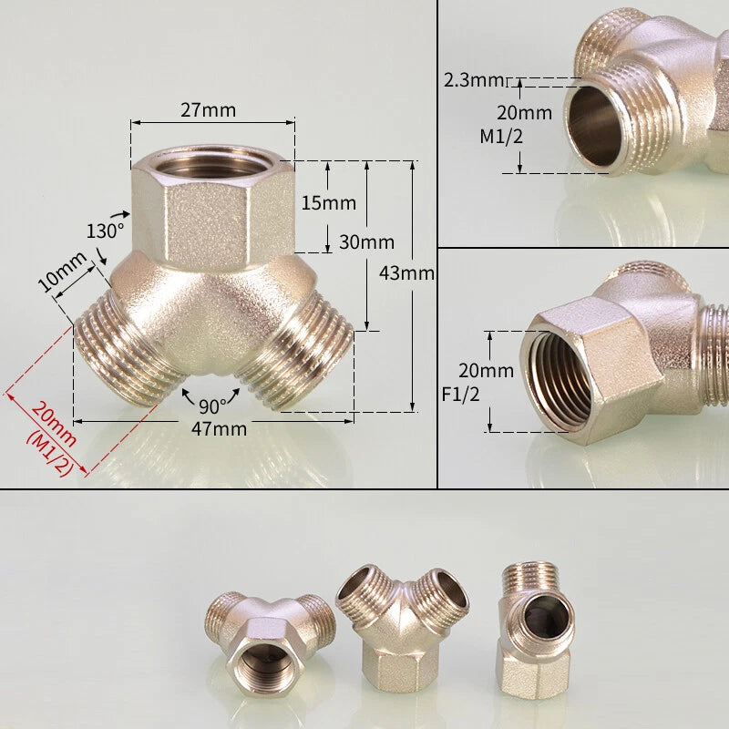 BSP 3-Way Y Fitting — 1/4" 3/8" 1/2" Female Male Thread Hose Splitter Connector