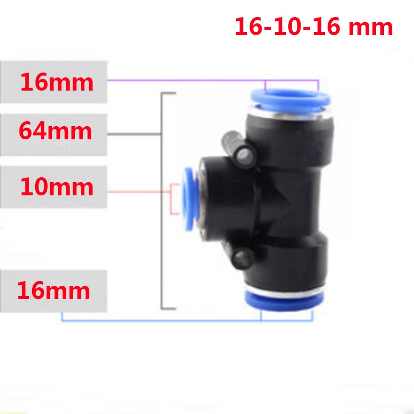 Reducer Tee Push-In Fittings for Pneumatic Air Tube — 4 to 16mm