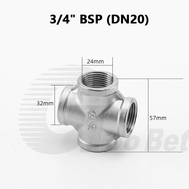 Stainless Steel Cross 4-Way Pipe Fitting | BSP Female Thread | 1/4" to 2"