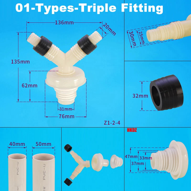 Washing Machine Drain Hose Connector — Tee, Elbow, Straight & Triple Fittings for Sink & Basin