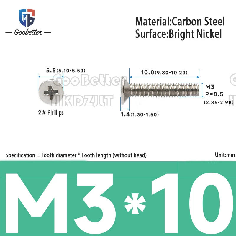 M2 & M3 Countersunk Pozidriv Machine Screws – Carbon Steel, Nickel or Black Zinc (3–22mm Overall Length)