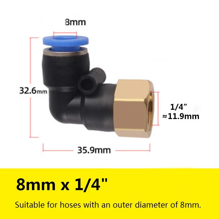 90° Elbow Push-to-Connect Pneumatic Fitting — 4mm to 12mm Hose OD, Female Thread