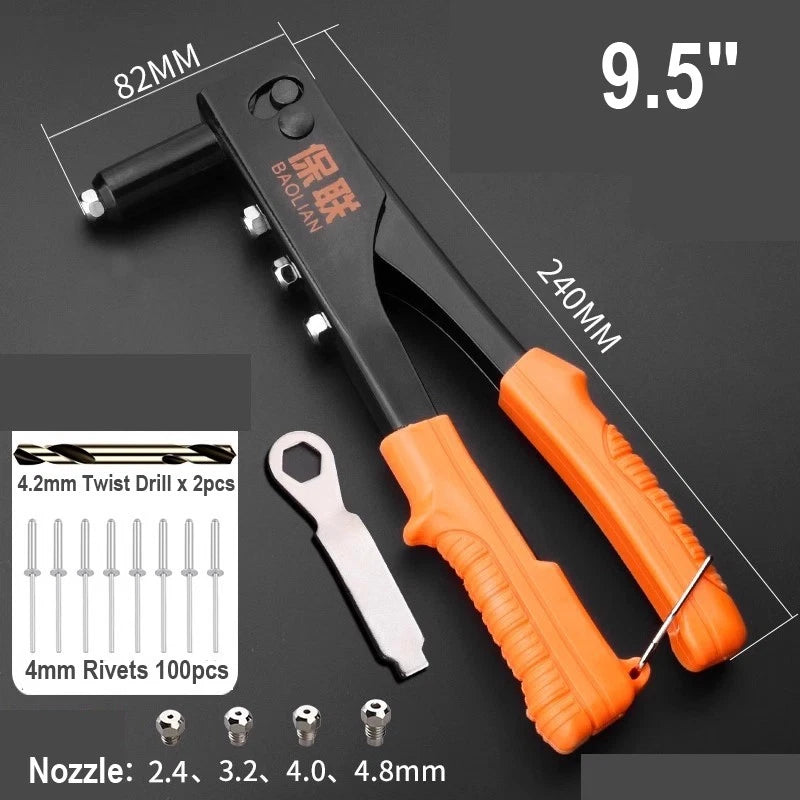 8"-17" Heavy Duty Hand Pop Rivet Gun Tool Kit With Rivets 4 Nozzle Head Wrench