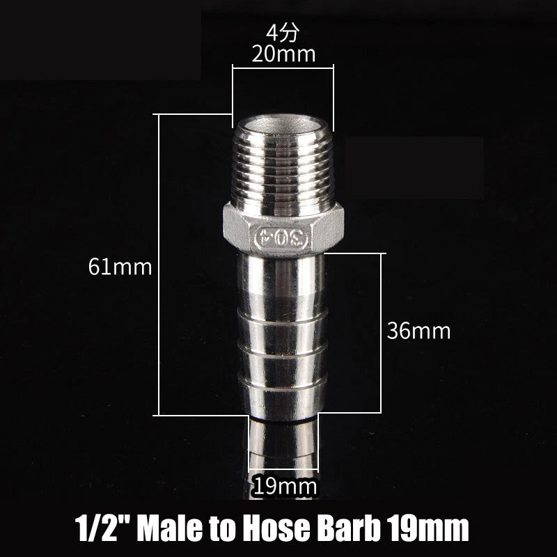 BSP Stainless Steel Male Hose Barb Fitting — 1/2" & 3/4" to Barb Connector