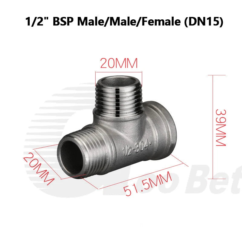 304 Stainless Steel BSP Tee Pipe Fitting — Male & Female Thread, 1/2" to 2"