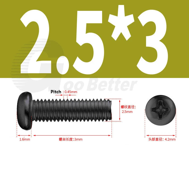 M2 M2.5 M3 M4 M5 Black Zinc Phillips Pan Head Machine Screws – Carbon Steel, 3–20mm