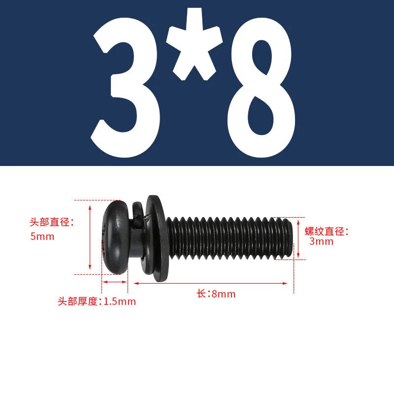 Black Zinc Pan Head Machine Screws with Washers, M2–M6 Pozi Phillips Drive