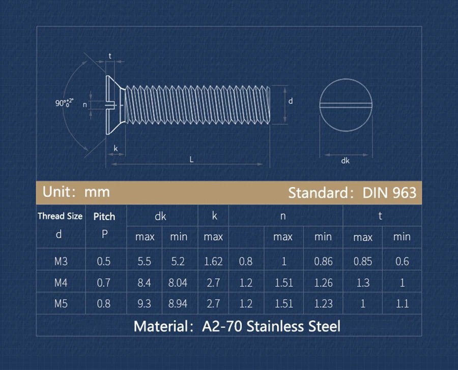 A2 Stainless Steel Slotted Countersunk Screws DIN 963 | M4 M5 M6 - HomeDIYer