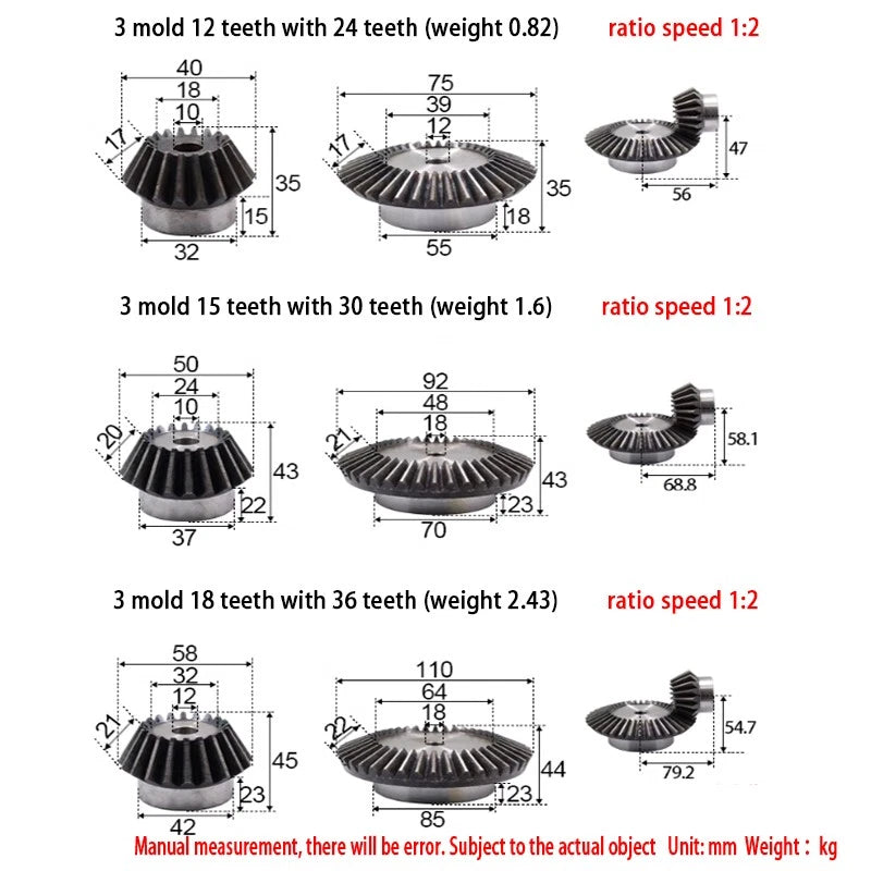 Precision Bevel Gears 0.5/1/1.5/2/2.5/3 Module 12/24 -35/70 Teeth Bevel Gear 1:2