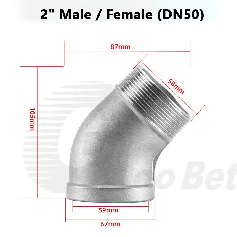 Stainless Steel 45° Elbow Pipe Fitting | 1/4"-2" BSP Male Female Thread | 304 SS Equal Elbow
