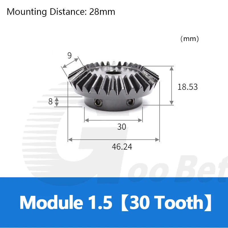 Mod 1.5 Bevel Gear C45 Steel Gear Ratio 1:1.5 20 Tooth 30 Tooth Hardened Black