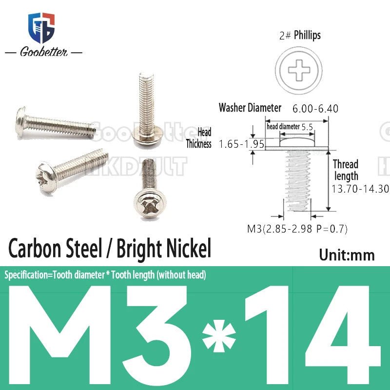 M2.5 / M2.6 / M3 Pan Head Phillips Machine Screws with Integrated Washer — Carbon Steel & Stainless, Multi - Finish - HomeDIYer