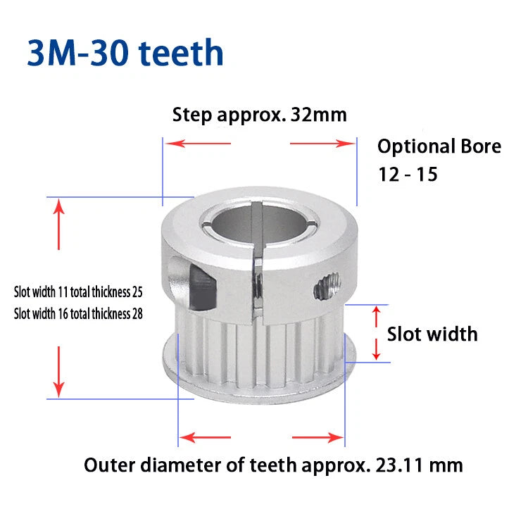 Bore 5 to 15mm CNC Pulley, Clamping Type, For 10mm/15mm Wide 3M Timing Belt