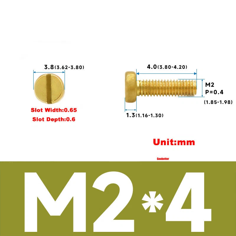 M1–M3 Brass Slotted Pan Head Machine Screws – DIN84, Flathead Drive, 2–10mm Lengths