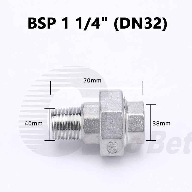 304 Stainless Steel Union BSP Male-Female Pipe Fitting Adapter — 1/4" to 2"