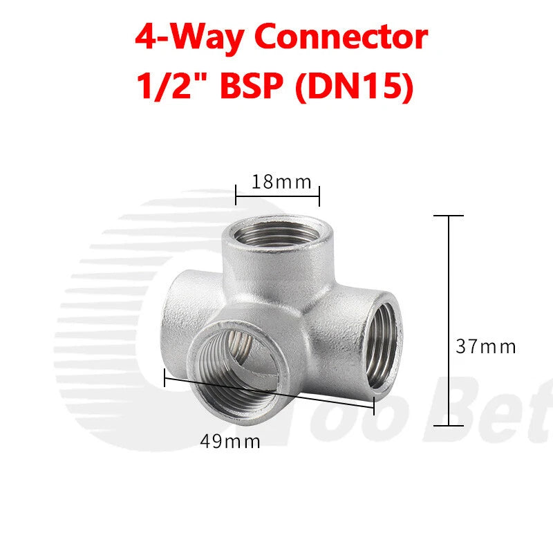 304 Stainless Steel BSP Cross Pipe Fittings — 3-Way & 4-Way, ½" to 1" Thread