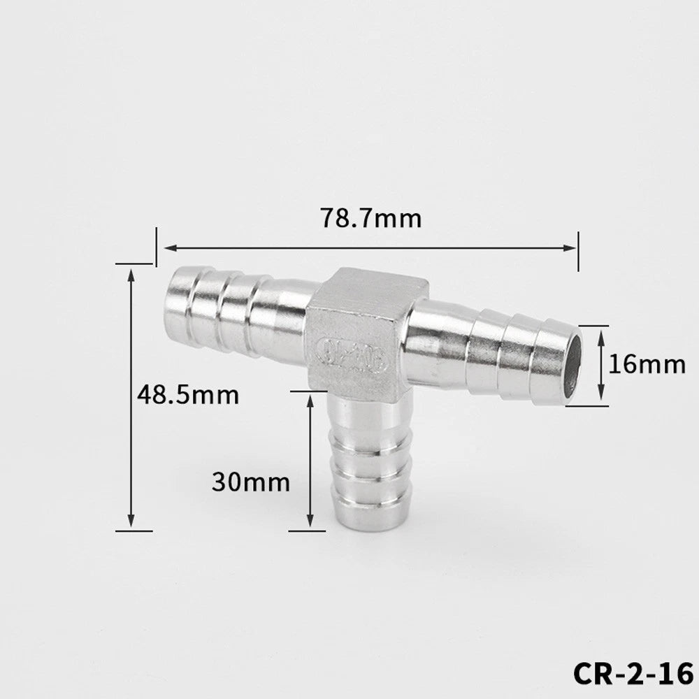 Stainless Steel T Hose Barb Tee Connector — 8mm to 32mm, Water & Gas Pipe Fitting