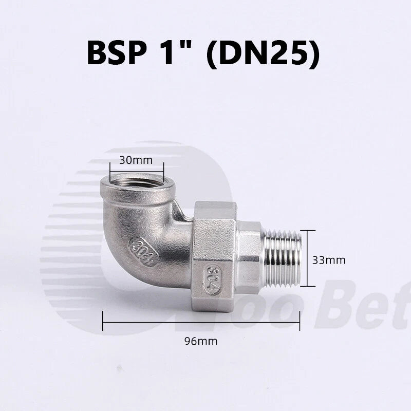 304 Stainless Steel 90° Union Elbow BSP 1/4"–2" Male Female Pipe Fitting Adapter