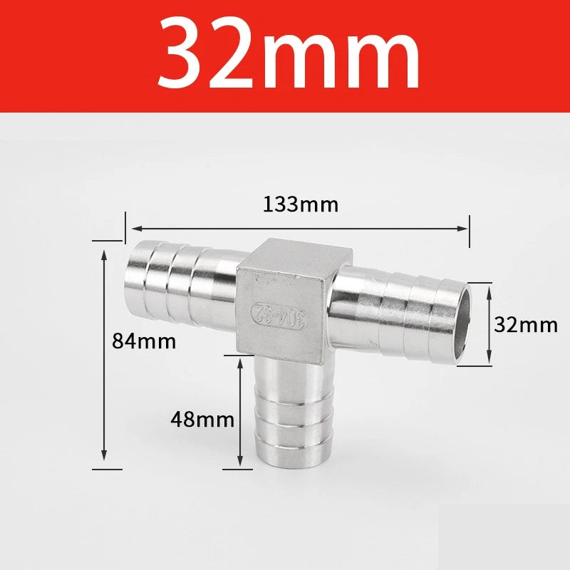 Stainless Steel 3-Way Hose Barbed Connector — T Piece & Y Piece, 8mm–32mm