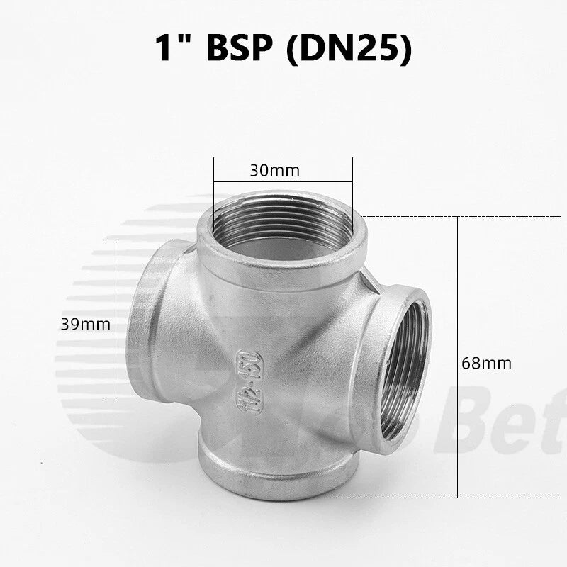Stainless Steel Cross 4-Way Pipe Fitting | BSP Female Thread | 1/4" to 2"