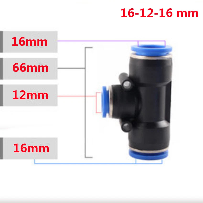 Reducer Tee Push-In Fittings for Pneumatic Air Tube — 4 to 16mm