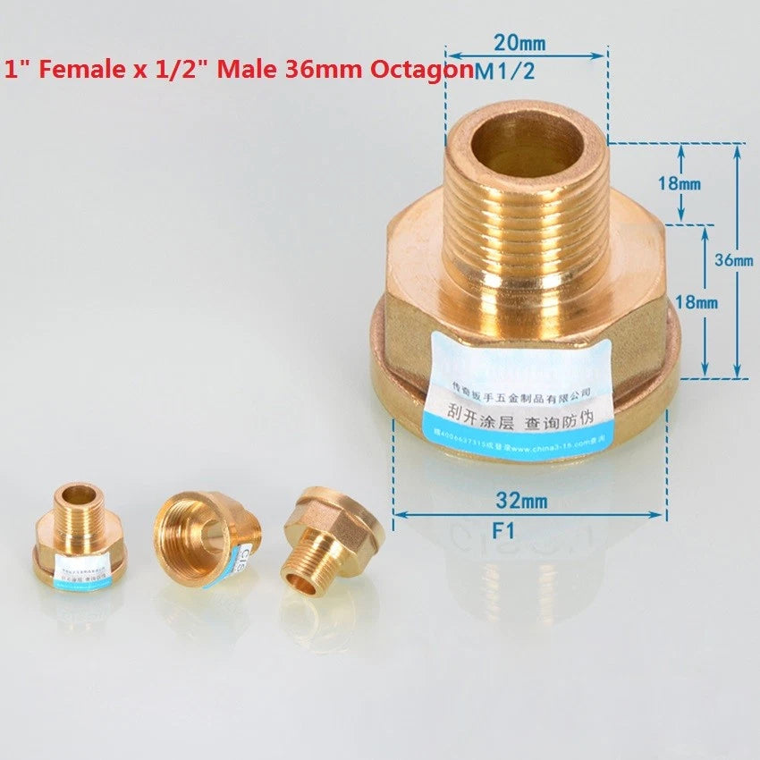 BSP Brass Pipe Adapter — Female to Male Thread, Hex & Octagon Body, Multiple Sizes