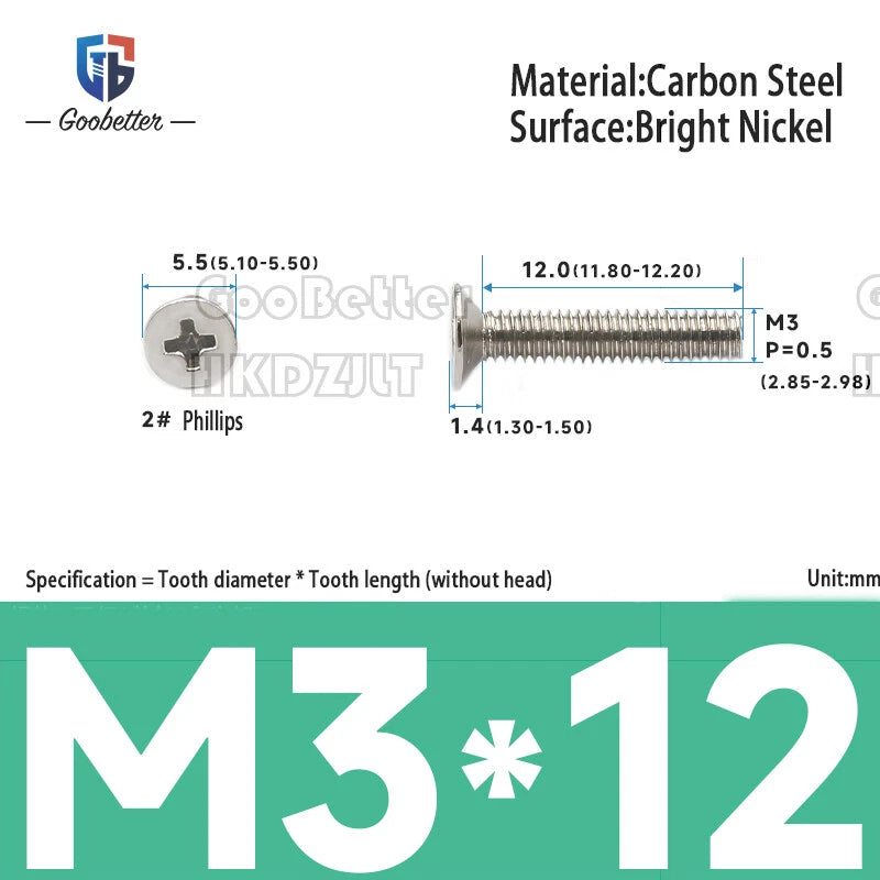 M2 & M3 Countersunk Pozidriv Machine Screws – Carbon Steel, Nickel or Black Zinc (3–22mm Overall Length)