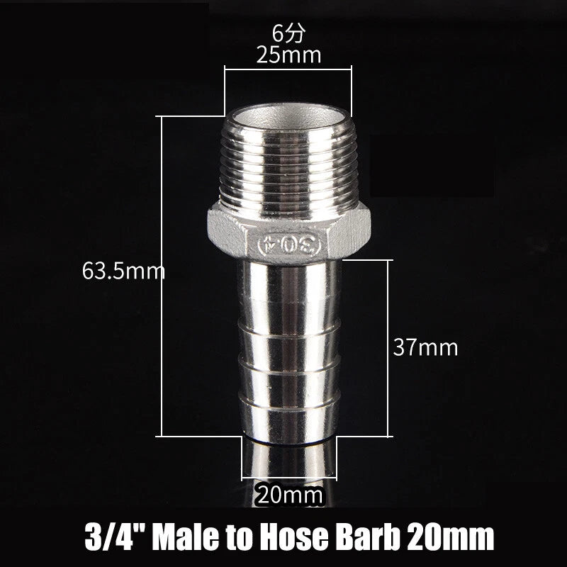 BSP Stainless Steel Male Hose Barb Fitting — 1/2" & 3/4" to Barb Connector