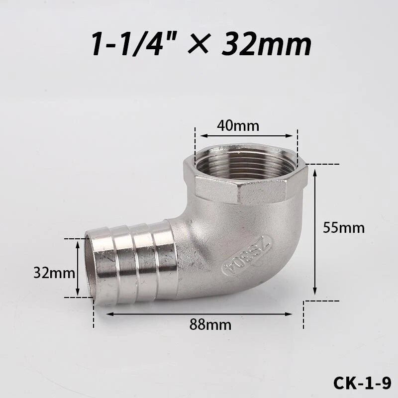Stainless Steel Female Fitting x Barb Hose Tail End Elbow Connector 1 4" - 11 2"