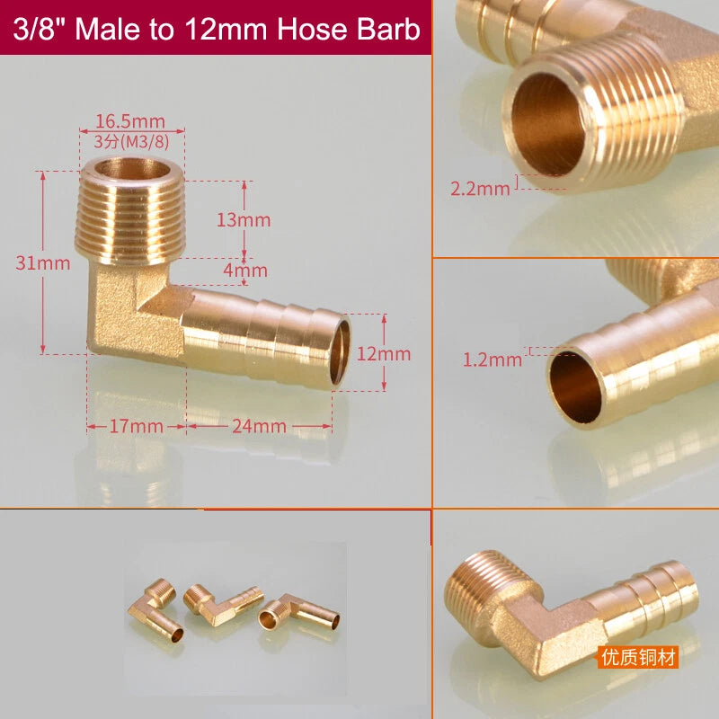 Brass Hose Barb Elbow Fittings — Male BSP to Metric Barb, 1/8" to 3/4" BSP
