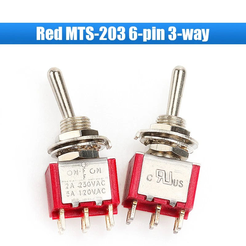 Mini Toggle Switch MTS/PS Series — Red & Blue SPDT 3/6/9/12-Pin, 2-Way & 3-Way