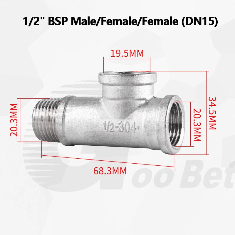 304 Stainless Steel BSP Tee Pipe Fitting — Male & Female Thread, 1/2" to 2"