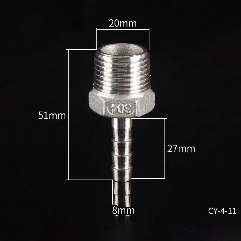 1/2" & 3/4" BSP Male Thread Hose Barb Tail Connector — Stainless Steel