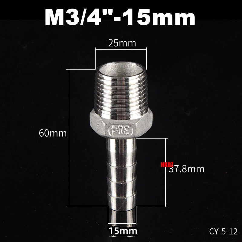 Stainless Steel 304 Barb Hose Tail Connector – 1/2" & 3/4" BSP Male Thread Hose Fittings
