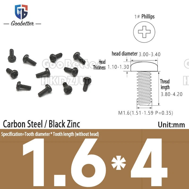 M1.6 & M1.7 Phillips Pan Round Head Machine Screws – Carbon Steel, Brass or Stainless, Lengths 1.5–22mm