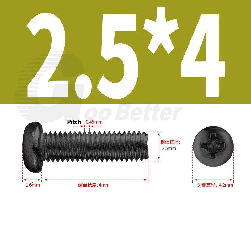 M2 M2.5 M3 M4 M5 Black Zinc Phillips Pan Head Machine Screws – Carbon Steel, 3–20mm