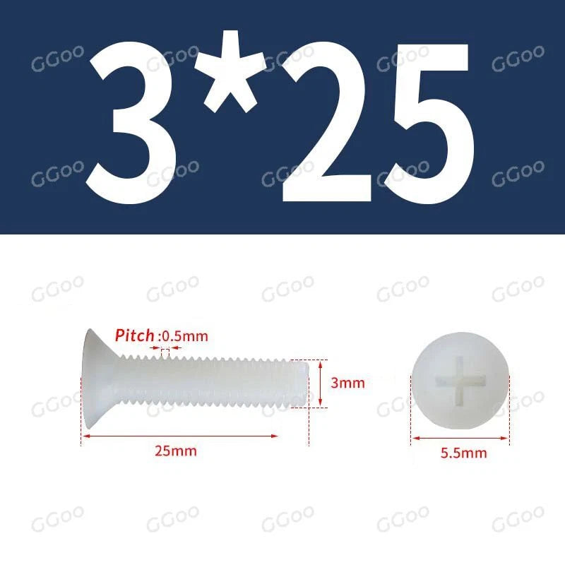 White Nylon Phillips Flat Head Machine Screws DIN 965 — M2.5 M3 M4 M5 M6 M8
