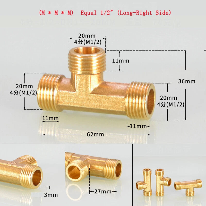 Brass Tee Pipe Fittings – NPT Thread, 1/8" to 2", M/F Configurations