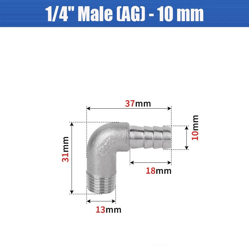 BSP Male Elbow Barbed Hose Connector — Stainless Steel, 1/8" to 1/2", 6–16mm