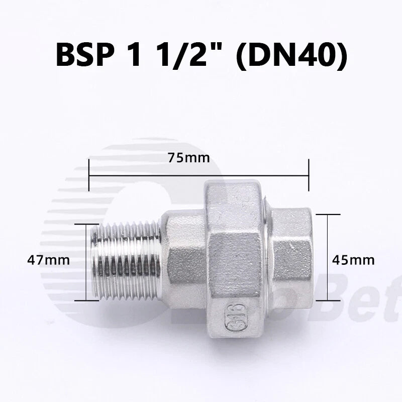304 Stainless Steel Union BSP Male-Female Pipe Fitting Adapter — 1/4" to 2"