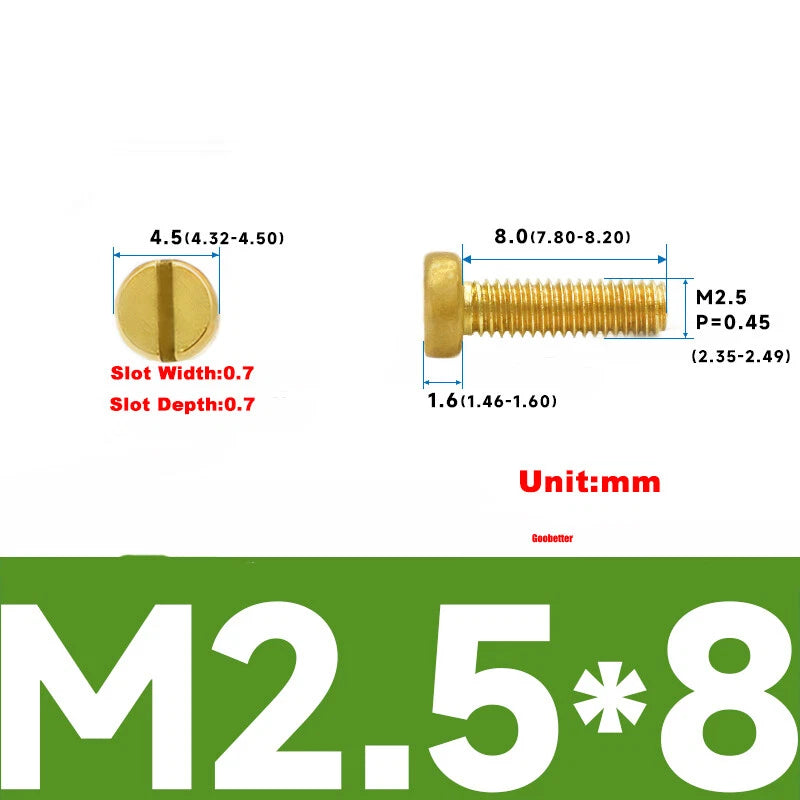 M1–M3 Brass Slotted Pan Head Machine Screws – DIN84, Flathead Drive, 2–10mm Lengths