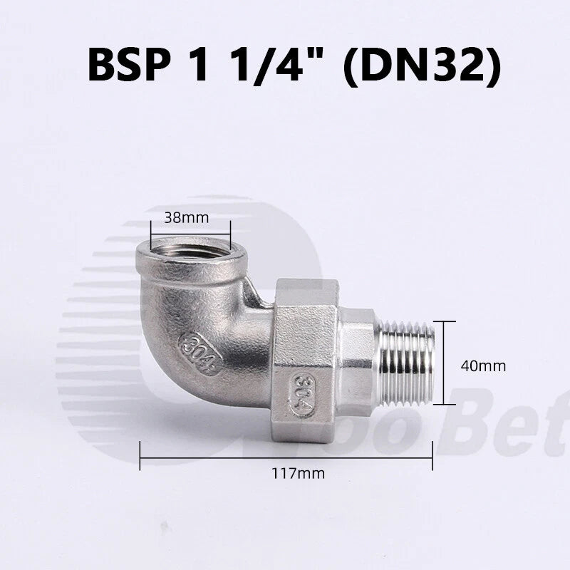 304 Stainless Steel 90° Union Elbow BSP 1/4"–2" Male Female Pipe Fitting Adapter