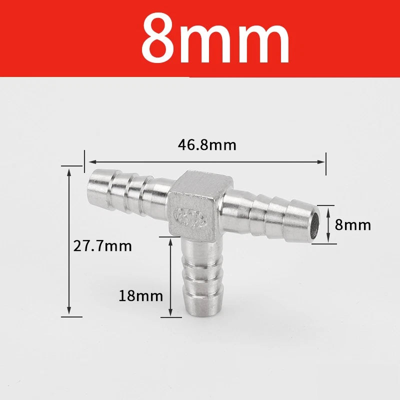 Stainless Steel 3-Way Hose Barbed Connector — T Piece & Y Piece, 8mm–32mm