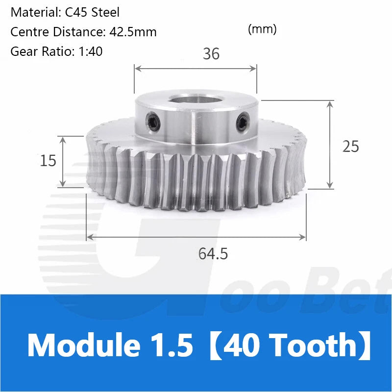 Module 1.5 Metal Worm Shaft Worm Gear Wheel C45 Steel 20/25/30/35/40/50/60 Tooth