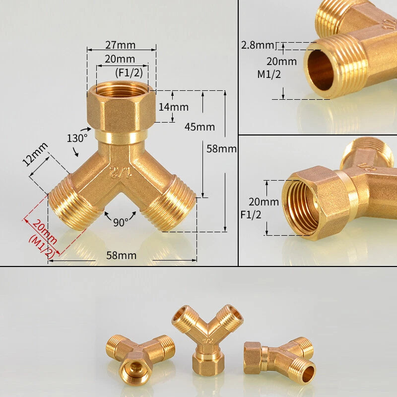 BSP 3-Way Y Fitting — 1/4" 3/8" 1/2" Female Male Thread Hose Splitter Connector
