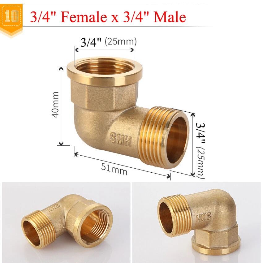 BSP Brass Elbow Fitting — 1/2", 3/4" & 1" Male/Female Thread Pipe Connector Adapter