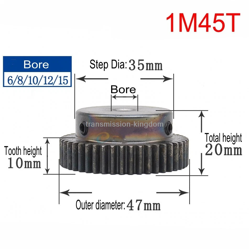45# Steel Spur Gear With Step 1M10T-80T Pinion Gear Metal Mod 1 Motor Gear