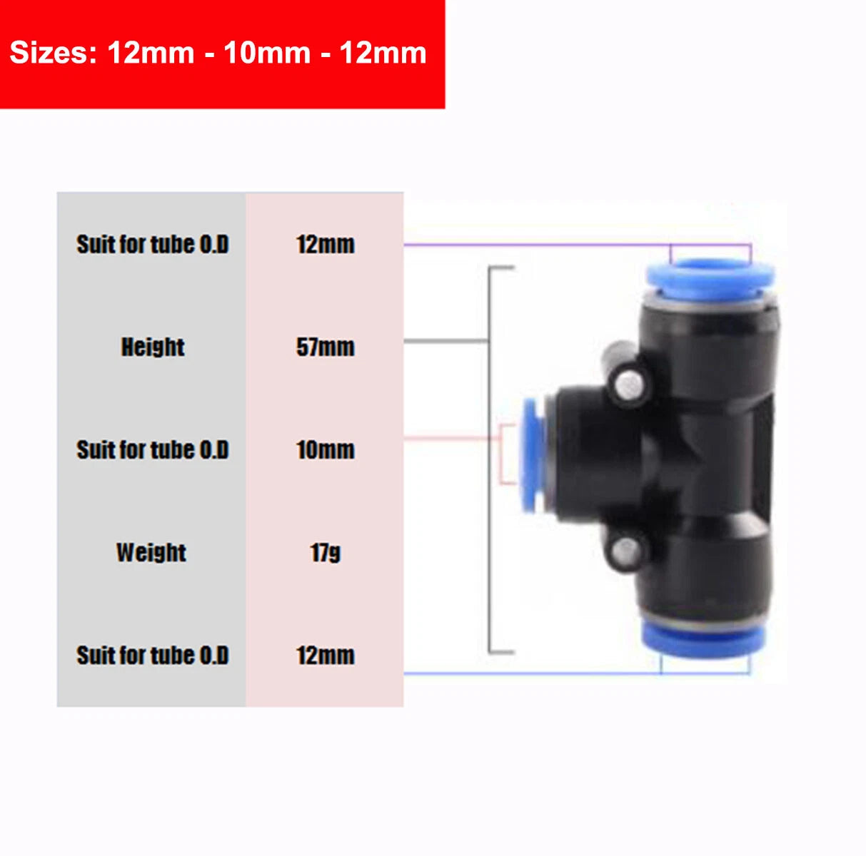 Nylon Pneumatic Reducer Tee 3-Way Connector Hose Tube Inline Push-In Fittings
