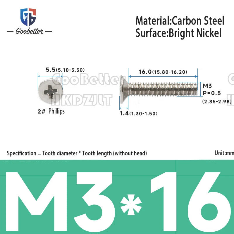 M2 & M3 Countersunk Pozidriv Machine Screws – Carbon Steel, Nickel or Black Zinc (3–22mm Overall Length)