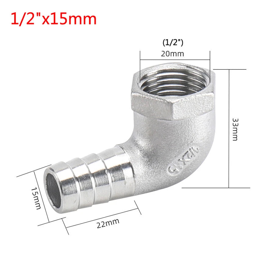 Female Thread Fitting x Barb Hose Tail End Elbow Connector A2 Stainless Steel